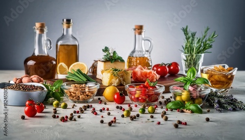 Artfully Arranged Gourmet Food Ingredients with Olive Oil Bottles Herbs Cheese Salmon Tomatoes Olives Nuts Peppers on Gray Table