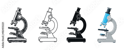 Set of four microscope illustrations in different artistic styles including scribble, outline, silhouette, and flat color vector design for scientific or educational concepts