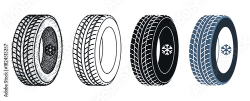 Set of four winter car tires with snowflake symbols shown in various graphic styles including sketch, outline, silhouette, and flat color vector illustration for automotive concepts