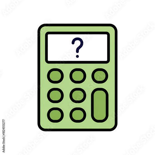 Calculator with question mark, symbolizing financial uncertainty, isolated on transparent background