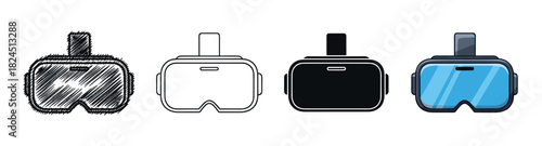 Virtual reality headset icon set in four different graphic styles including scribble, outline, silhouette, and full color cartoon illustration for technology and gaming concepts