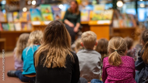 Children listening to a person reading a story during a group learning session in a library or bookstore setting