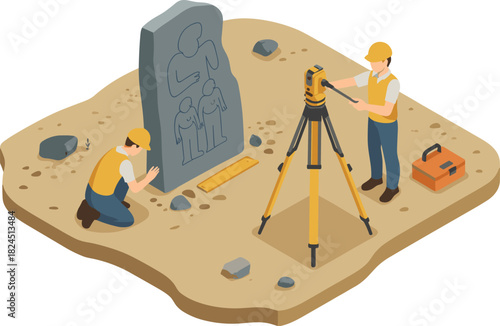 Isometric archaeology excavation scene, archaeologists studying ancient artifact slab, surveying equipment, dig site tools, historical discovery, research illustration