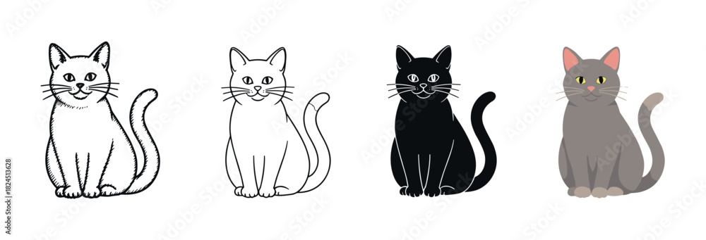 Obraz premium Set of four cute cat illustrations showing different artistic styles including a hand-drawn sketch, clean line art, a black silhouette, and a simple flat color vector design