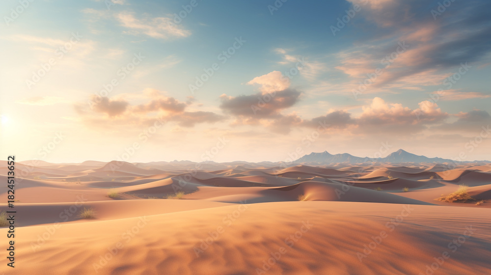 Naklejka premium Golden sand dunes stretch under a vast sky with soft clouds at sunrise.