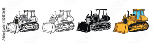 Collection of four bulldozer illustrations presented in multiple graphic styles, including a detailed sketch, a simple outline, a bold silhouette, and a vibrant color cartoon