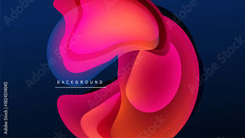 Abstract fluid shapes, vibrant colors blend. Pink, red, blue gradients create dynamic composition. Modern design element, dark background.