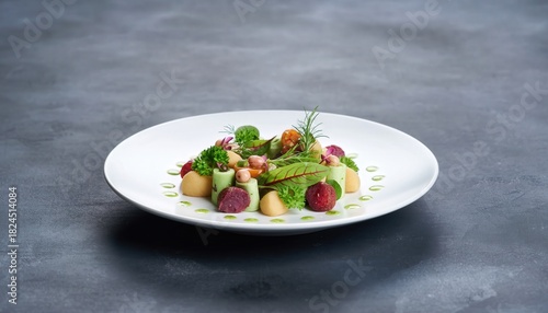 Artfully Plated Gourmet Dish with Vibrant Green Avocado Sauce Fresh Strawberries Peas Herbs on White Plate Dark Slate Background