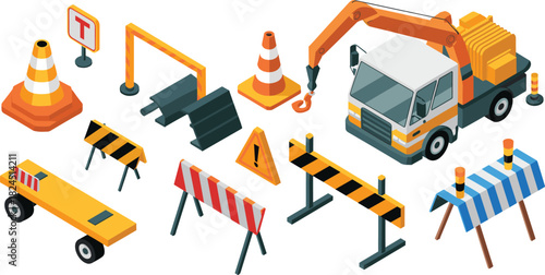Isometric construction barriers, traffic cones, warning signs, road safety equipment, industrial barricades, work zone elements, vector illustration set