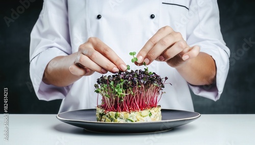 Chef Hands Artfully Arranging Vibrant Red and Green Microgreens on Deconstructed Gourmet Salad Black Plate