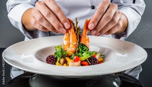 Chefs Hands Expertly Plating Vibrant Seafood Dish with Fresh Shrimp Prawns Colorful Vegetables on Elegant White Plate