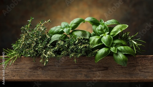 Fresh Aromatic Herbs Including Basil Thyme Rosemary Parsley Arranged in Rustic Wooden Trough with Dew Drops on Vibrant Green Leaves Warm Lighting