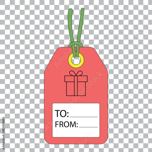 Red gift tag with to and from lines and present icon.