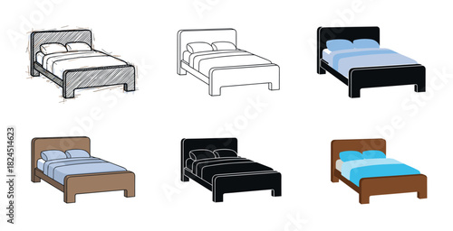 Collection of six double bed illustrations showing various artistic styles including hand-drawn sketch, simple line art, flat color design, and silhouette for furniture concepts