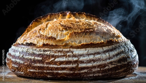 Naturally Lit Close-Up of Fresh Artisan Sourdough Bread Loaf with Rustic Golden Cracked Crust and Subtle Rising Steam on Textured Wooden Board