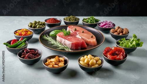 Top View Artfully Arranged Gourmet Raw Salmon Fillets with Fresh Herbs Surrounded by Vibrant Olives Peppers Onions Nuts Chickpeas and Vegetables in Bowls on Dark Rustic Table