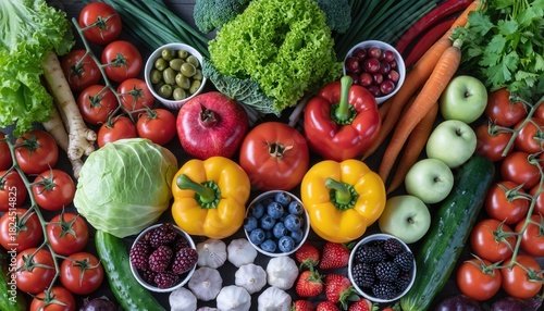 Vibrant Artful Arrangement of Fresh Market Produce Tomatoes Peppers Carrots Berries Lettuce Garlic in Soft Natural Light