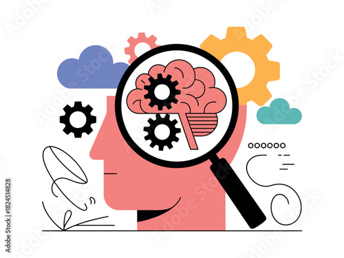 Magnifying glass reveals intricate gears within a stylized human brain.
