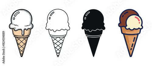 Set of four ice cream cone icons showing different artistic styles including hand-drawn sketch, simple line art, solid black silhouette, and a colorful cartoon version