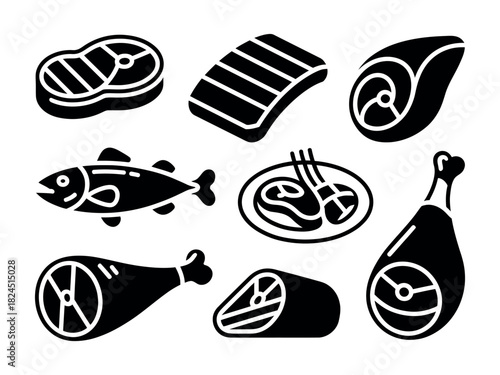 A collection of various raw meat and fish cuts are depicted in a minimalist style.