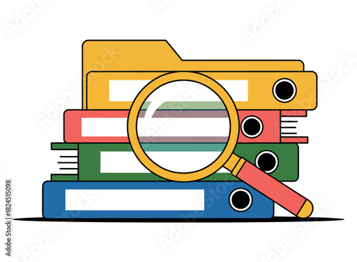A magnifying glass is placed over a stack of colorful document binders for review.