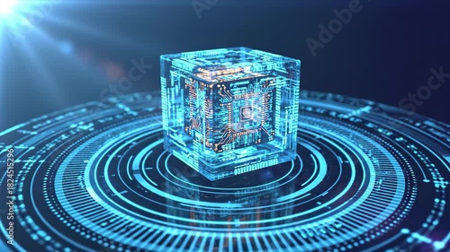 Quantum computing concept glowing blue cube with circuit board on digital platform