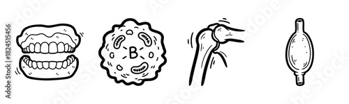 Cartoon doodles of teeth, bacteria, bone, and balloon: fun black and white illustrations