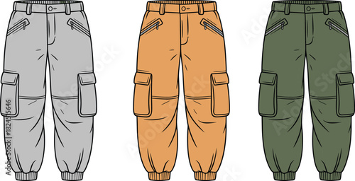 Cargo pants color variation set, gray, orange, green, multi-pocket design, fashion flat illustration, utility wear garment reference