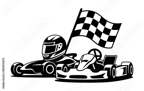 A go-kart and helmet beside a checkered flag symbolize racing and speed.