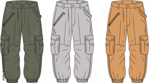 Cargo pants color variation set, olive green, gray, tan, multi-pocket design, fashion flat illustration, garment style reference