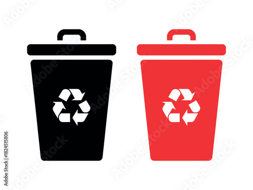 Two trash cans, one red and one black, with recycling symbols.