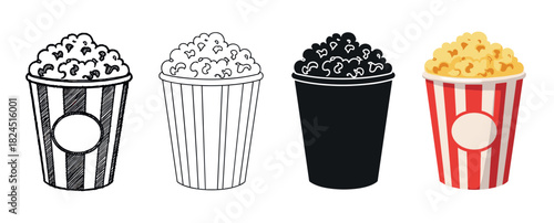 Set of four popcorn bucket illustrations showing different graphic styles, including a hand-drawn sketch, a simple line art outline, a black silhouette, and a full-color cartoon version