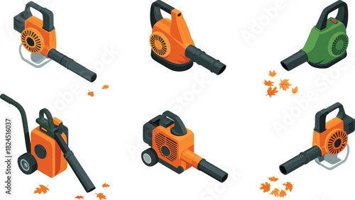 Isometric leaf blower collection, garden blower tools set, outdoor cleaning equipment, autumn leaves removal machines, landscaping power tools illustration