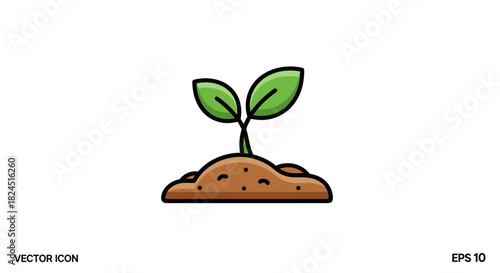 A small green seedling grows out of a mound of brown soil with two leaves on a white background in a vector illustration.