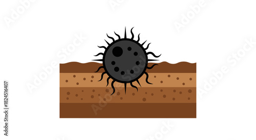 An illustration of a black microorganism with spiky protrusions on top of a brown cross-section of soil with varying layers and texture.