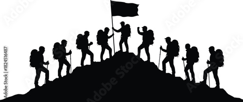 Silhouette of hikers climbing mountain peak with flag, teamwork, adventure, and success concept, perfect for outdoor and travel illustration.Silhouette of hikers climbing mountain peak with flag, 
