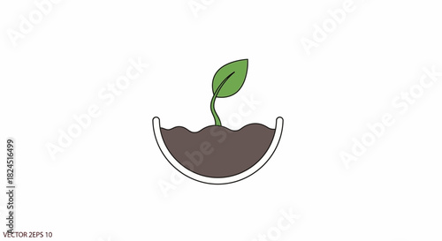 A green plant sprout grows out of dark brown soil in a white half-moon shaped planter on a plain white background in a simple graphic illustration.