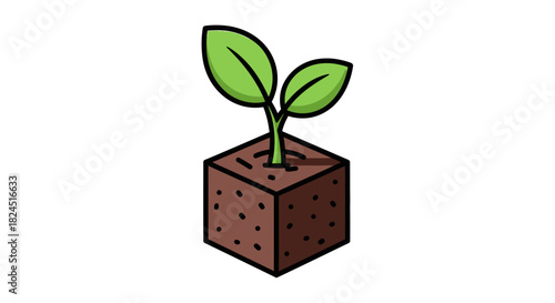 A small green plant with two leaves grows out of a brown cube block on a white background in a simple graphic illustration.