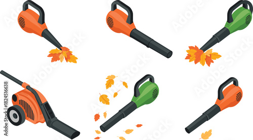 Isometric leaf blower collection, garden blower tools set, outdoor cleaning equipment, autumn leaves removal machines, landscaping power tools illustration