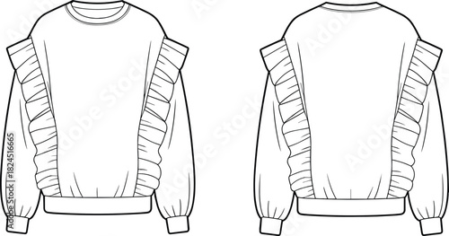 Fashion technical drawing of ruffled sweatshirt, front and back view, crew neck, long sleeve, cad drawing flat vector illustration.