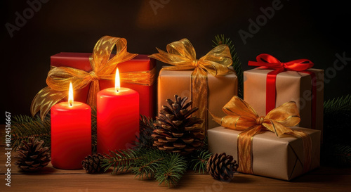 Gifts with Bows and Candles Holiday Still Life Festive Decorations Presents Wrapped Warm Light and Pine Cones for Celebrations