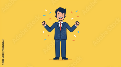 Happy businessman celebrating success with confetti falling around him.