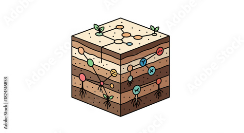 An isometric illustration of a soil cross-section with layers and roots, showing a molecular structure on top, on a white background.