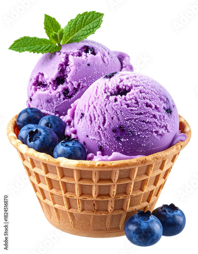 Two scoops of blueberry ice cream in a waffle bowl topped with blueberries isolated on transparent background