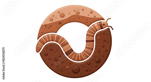 An earthworm curls around a circular pile of dark brown soil with visible water droplets on a plain white background.