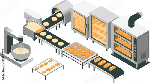 Isometric modern bread production line, automated bakery process, dough mixing, conveyor system, proofing cabinets, industrial baking equipment illustration