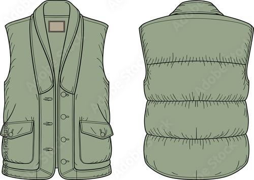 Green vest, shawl collar, quilted back, padded design, button-down, flap pockets, insulated fashion, outdoor wear, stylish utility, rugged apparel