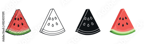 Set of four watermelon slice illustrations in various artistic styles including hand-drawn sketch, simple line art, black silhouette, and clean flat vector design