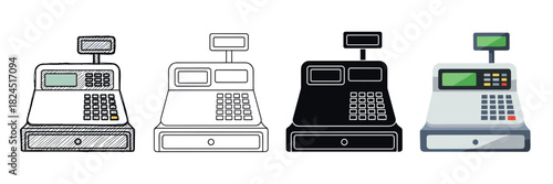 Four cash register vector icons presented in a collection of various graphic styles like hand-drawn doodle, simple line art, solid black glyph, and modern flat design