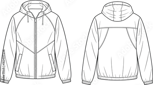 Hooded jacket technical sketch, front and back view, fashion illustration, garment design, outerwear template, zipper closure, casual coat